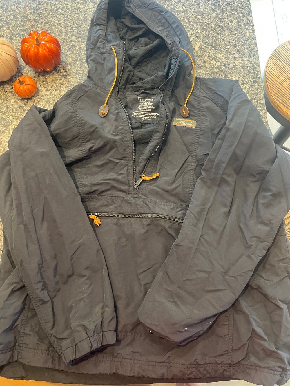 L.L. Bean Black Hooded Windbreaker with Yellow Drawcords